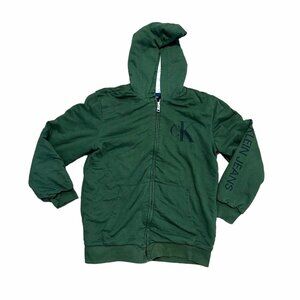 Calvin Klein Boys Hooded Jacket XL 18/20 Green Sherpa Lined Full Zip Logo Coat